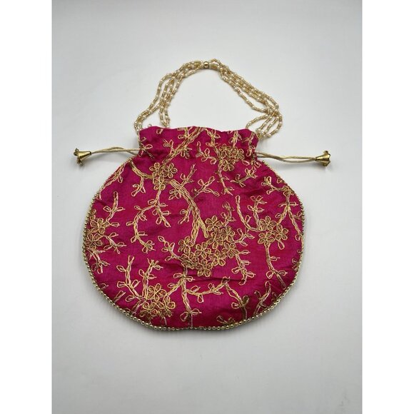 PINK Gold Clutch Silk Bag Boho Formal/POTLI /Purse Applique Beaded SEE ALL - Picture 3 of 16